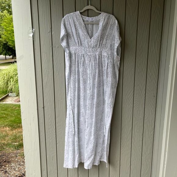 White Cotton Maxi Dress Handprinted Green Vine Cinched Waist One Size - Picture 1 of 11